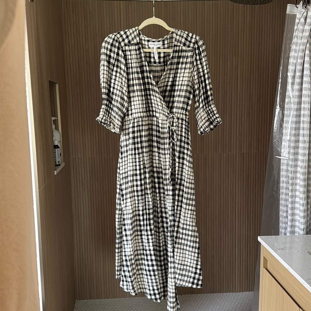 Apiece Apart wrap dress gingham black and white XS
